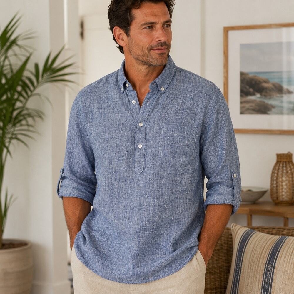 Alan Paine Men’s XL 100% Linen Blue Popover Shirt Roll Tab Button Down